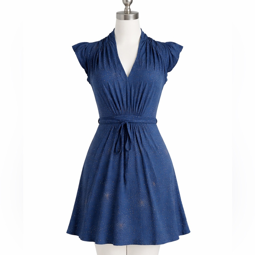 Blue Polka Dot Mini Dress ✨ Flutter Sleeve Tie Waist Feminine Chic Size 2 - Picture 2 of 10